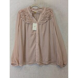 NEW Downeast Gianna Blouse Women's XL Misty Rose Ruffle V-Neck Button Up